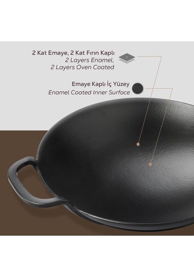 Lava Döküm Wok Tava, Metal Kulplu, 38cm, Siyah Genel