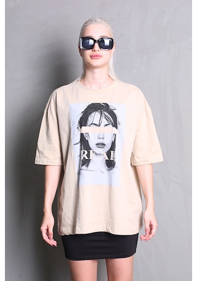 Madmext Bej Oversize Baskılı Kadın Tişört Mg1764-bej Bej
