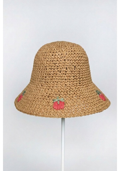 Mollycrush Kadın Camel Hasır İp Çilek Desenli Bucket Şapka Yazlık Trend El Yapımı Tasarım Camel