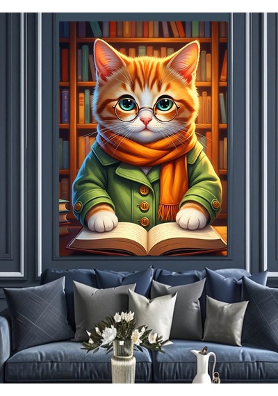 Ahşap Tablo Kitap Okuyan Turuncu Kedi