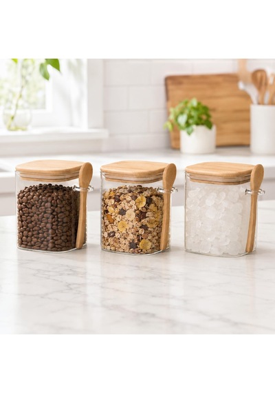 550 Ml Kaşıklı Cam Kavanoz 3'lü Set, Bambu Kapaklı Şeffaf Cam Saklama Kabı, Çay Kahve Şeker Baharat Kuruyemiş Kavanozu, Mutfak Düzenleyici Kaşıklı Baharatlık Seti Çok Renkli