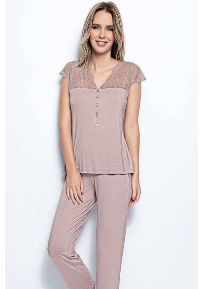 Monamise 18437 Kısa Kollu Pijama Takım - Vizon Vizon