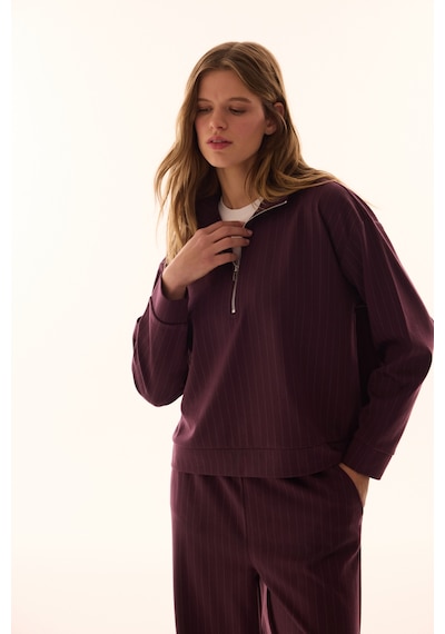 Penti Bordo Yarım Fermuarlı Çizgili Polo Yaka Sweatshirt