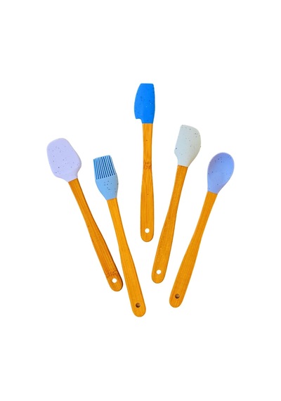 Ayrex Meturas Mutfak Bambu Silikon Isıya Dayanıklı Kaşık Kepçe Takımı 5 Li Set Spatula & Fırça Mavi