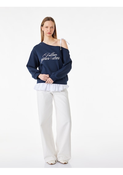 Koton Fiyonk Detaylı Pamuklu Uzun Kollu Asimetrik Yaka Baskılı Sweatshirt Lacivert 6sal10379ık