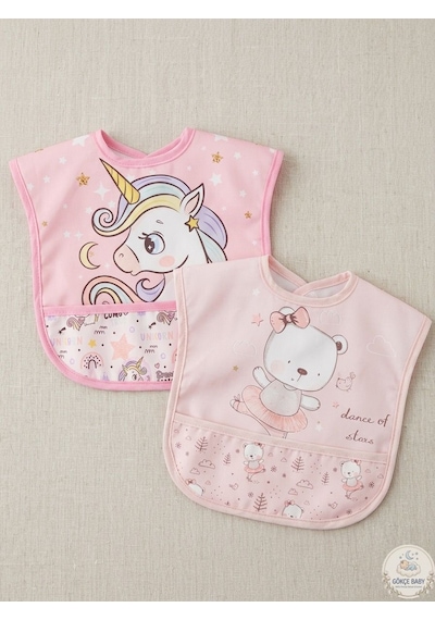 Set Kısa Kollu Bağlamalı Ayarlanabilir Sıvı Geçirmez Aktivite ve Mama Önlüğü Unicorn & Sevimli Ayıcıklı Çok Renkli 2'li