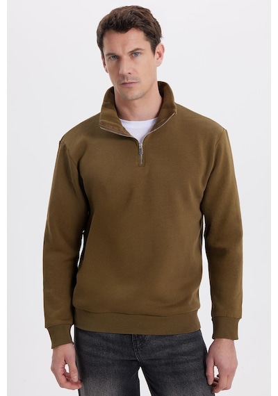 Tudors Unisex Relax Fit Rahat Kesim Pamuklu İçi Polarlı Yarım Fermuarlı Yeşil Dik Yaka Sweatshirt-35164 Yeşil