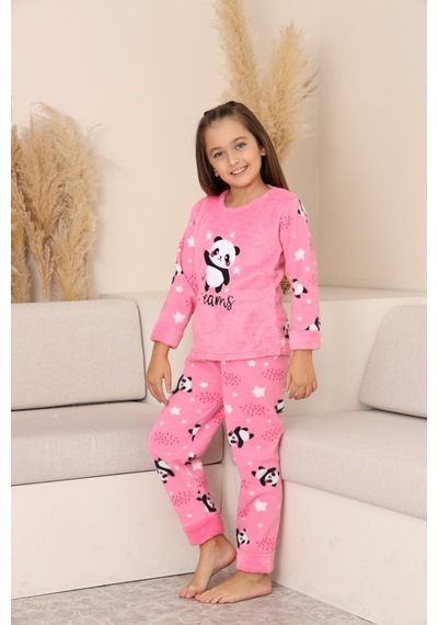 Miniğimin Cicileri Panda Desenli Welsoft Kız Çocuk Pijama Tak... Pembe