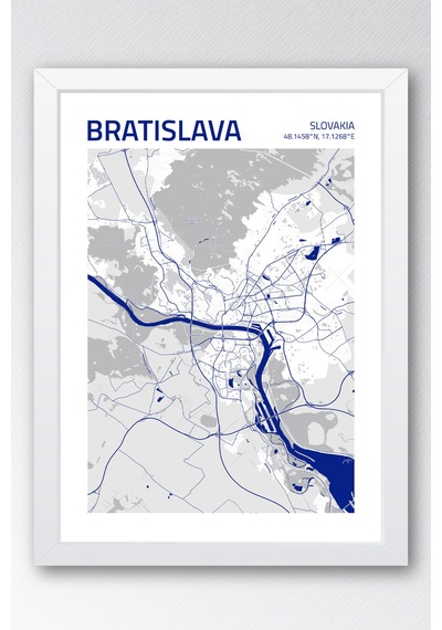 Bratislava Slovakya Haritası Çerçeveli Tablo Lüks Salon Ofis Duvar Dekorasyonu Hediyelik Tablo Beyaz