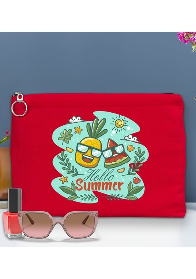 Bk Gift Yaz Temalı Astarlı Kırmızı Portföy Çanta 30x21cm, Baskılı El Çantası, Organizer Çanta