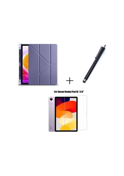 Xiaomi Redmi Pad Se Uyumlu Kalem Bölmeli Standlı Kılıf + Ekran Koruyucu + Kalem 3'lü Set Kılıf