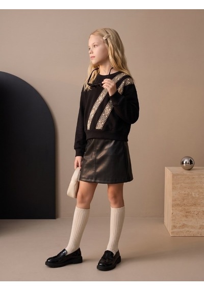 Zekids Kız Çocuk Siyah Etnik Desenli Şerit Detaylı Sweatshirt-17447