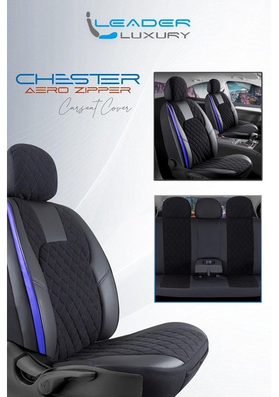Tr Chevrolet Aveo Sedan İle Uyumlu Lüx Yarı Deri Oto Koltuk Kılıfı Ön Arka Takım Chester Siyah Mavi Genel