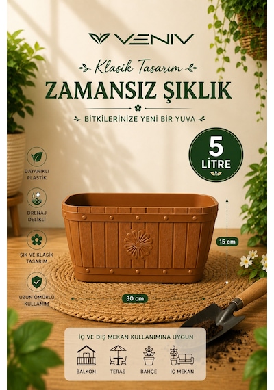 Dekoratif Antik Oval Ahşap Görünlü Saksı 5 Litre 1 Adet