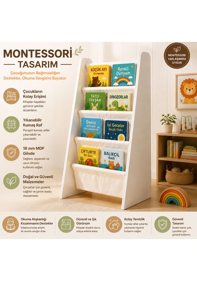 Montessori Çocuk Kitaplığı - Büyük Boy Ahşap Kitap Rafı - Yıkanabilir Paraşüt Kumaş Raflı - Çocuk Odası Kitap Düzenleyici Beyaz