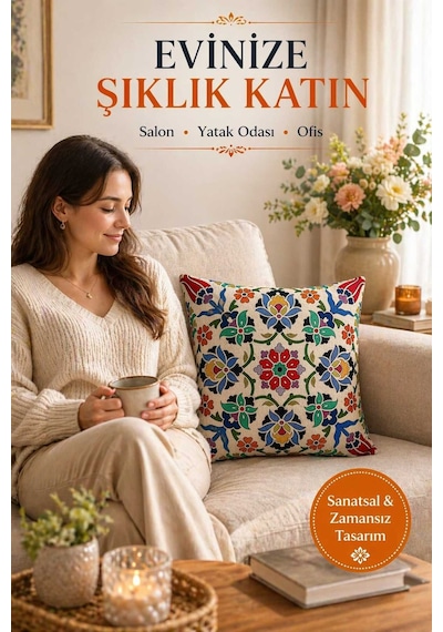 Goblen Çini Lale Desen Kırlent Kılıf Renkli