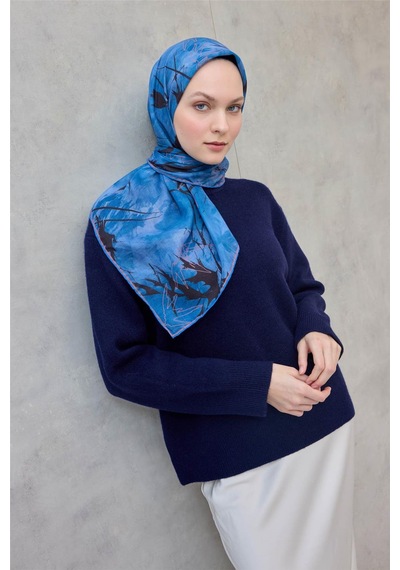 Silk Home Pamuk Polyester Soft Eşarp Yaprak Desen Mavi 90x90 Çok Renkli