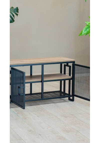 Uykula Tv Sehpası 90 Cm Metal Ayaklı Ahşap Üstlü Raflı Modern Tv Ünitesi Siyah