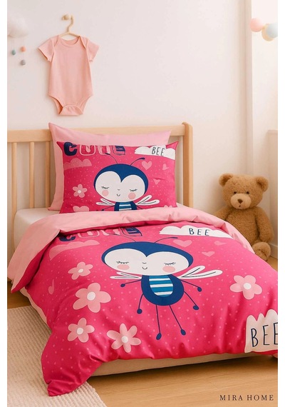Dijital Baskılı 3d Pamuklu Yenidoğan Bebek Nevresim Takımı Cute Bee Pink Çok Renkli