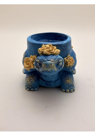 Kaplumbağa Çiçekli Tealight Mumluk Mavi Altın Reçine