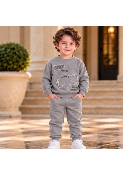 Maxx Kelın Erkek Çocuk Gri Dinozor Baskılı 2'li Takım Sweatshirt Ve Pantolon 6-12-18-24 Ay