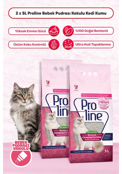 Proline Bebek Pudralı Bentonit Kedi Kumu 5 Lt 2 Adet