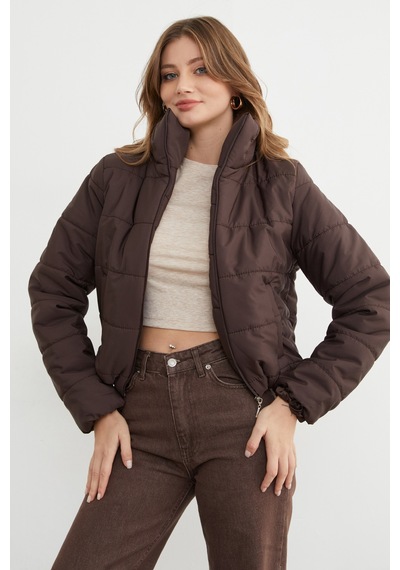 Fullamoda Beli Lastikli Crop Şişme Mont Kahve