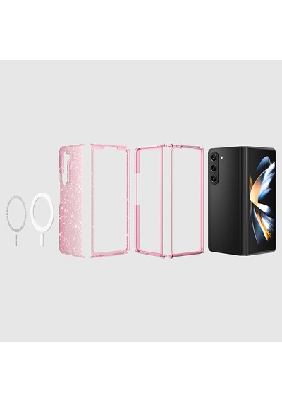 Samsung Galaxy Uyumlu Z Fold 6 Kılıf Magsafe Şarj Özellikli Simli Sert Şeffaf Allstar Kapak Pembe