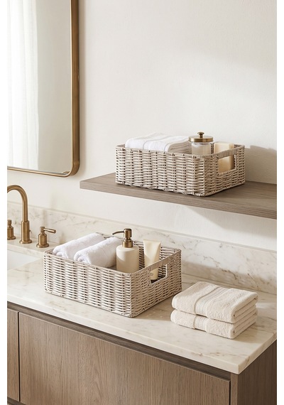 Ocean Home Textile 2'li Yıkanabilir Gri Pp Rattan Sepet Set 33 X 23 X 11 / 39 X 29 X 13 Cm