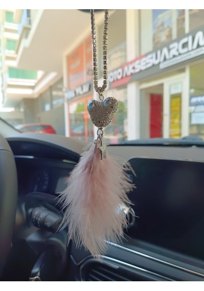 Pandalı Model Metal Yıldız Dikiz Ayna Süsü Pudra Pembe Tüylü Renk