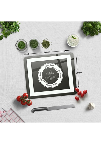 Decorita Cam Kesme Tahtası | Good Food - Siyah Fon | 29cm x 34cm