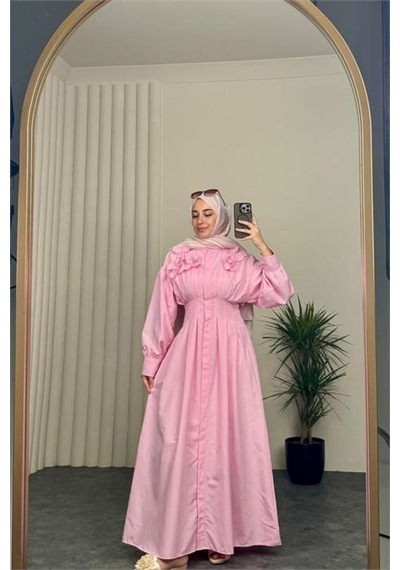 Neşeli Butik Kadın Pembe Belden Oturtmalı Çiçek Detaylı Premium Tesettür Elbise Nbvq4933
