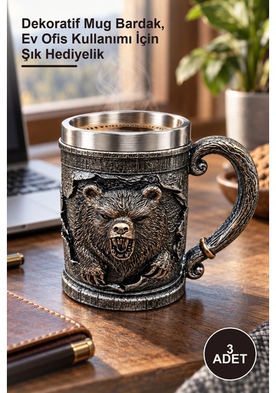 3 Adet Ayı Temalı 3d Kabartmalı Paslanmaz Çelik Kupa Dekoratif Mug Bardak, Ev Ofis Kullanımı İçin Şık Hediyelik 1