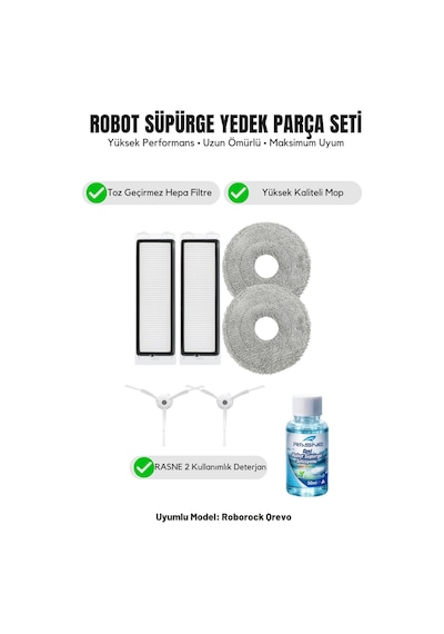 Roborock Qrevo İle Uyumlu 2 Beyaz Yan Fırça 2 Filtre 2 Mop 1 Deterjan 1.0
