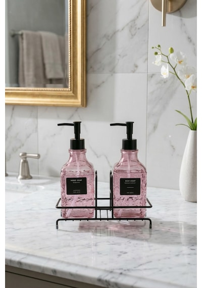 Makri Home Modern Kabartma Desenli Cam İkili Sıvı Sabunluk & Deterjanlık Seti, Pembe- 500 Ml Cam Sabunluk Pembe