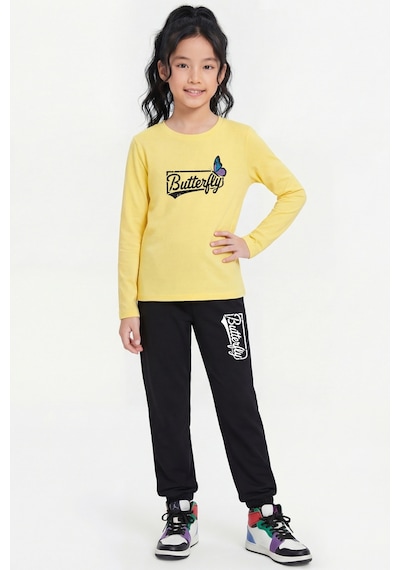 Panios Kids 3'lü Yuvarlak Yaka Sweatshirt Siyah Eşofmanlı Baskı Detaylı 6 Parça Kız Çocuk Alt Üst Takım Gri - Sarı