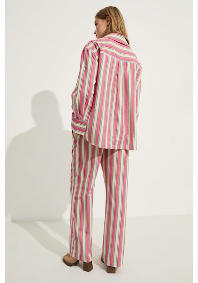 Grımelange Grımelange Mırel Kadın Oversize Fit %100 Organik Pamuklu Pembe Çizgili Gömlek