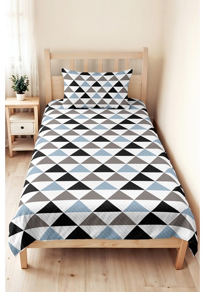 Mavi Geometrik Genç Odası Tek Kişilik Pike Takımı - Gri Modern 160x220 Cm Kapitone Yatak Örtüsü Mumlu Gölge Masalı