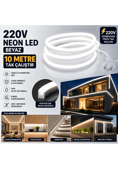 10 Metre 6500k Beyaz Neon Led 220v Tak Çalıştır Ip65 Ultra Parlak Esnek Hortum Led İç Dış Mekan Dekoratif Aydınlatma 6500K - Beyaz Işık