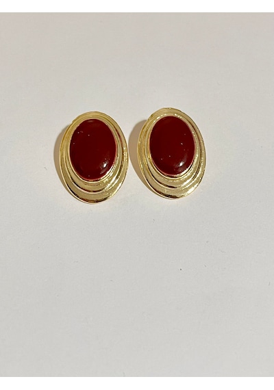 Vintage Gold Oval Siyah Taşlı Küpe - Retro Şıklık Kırmızı