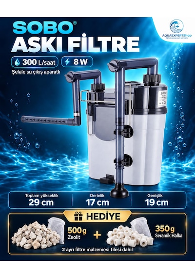Sobo Akvaryum Askı Filtre - 300 Lt/saat - Seramik Halka + Zeolit Hediyeli - Şelale Filtreli - Aktif Temizlik - Temizlenebilir Sünger