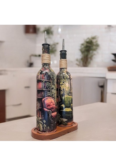 El Yapımı Rustik Koltuk Desenli Renkli 750 Ml Zeytinyağı Sıvıyağ Şişesi Yağdanlık Yağlık 2'li Set Çok Renkli
