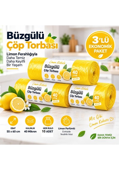 Büzgülü Çöp Torbası,orta Boy 55x60cm,sızdırmaz,dayanıklı, Limon-3rulo