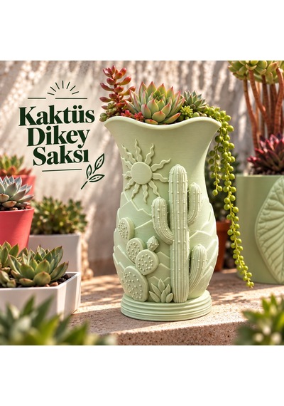 Kaktüs Desenli Dekoratif Dikey Saksı