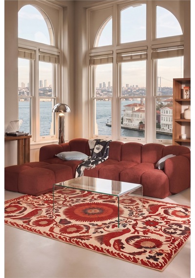 Kırmızı Krem Kuş Ve Çiçek Desenli Dikdörtgen Halı Bohem Dekoratif Salon Halısı