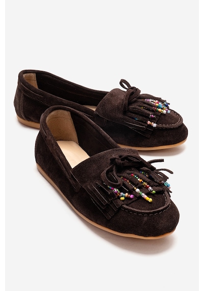 Luvishoes Evelyn Kahverengi Süet Hakiki Deri Püsküllü Boncuklu Kadın Loafer Ayakkabı