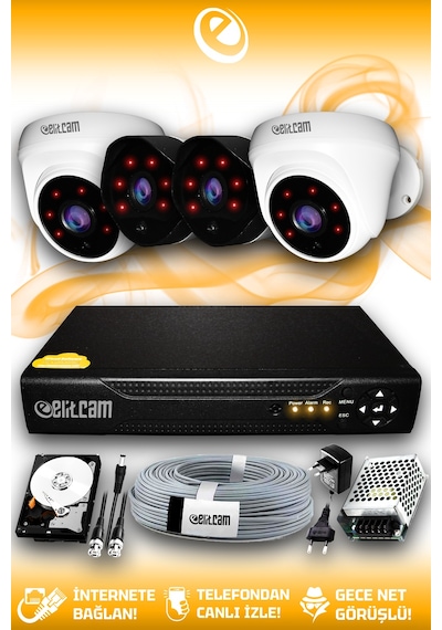Elitcam 4 Kameralı Uzay 2 İç Kamera Set 320 GB HDD Full HD Gece Görüşlü Güvenlik Kamerası Sistemi
