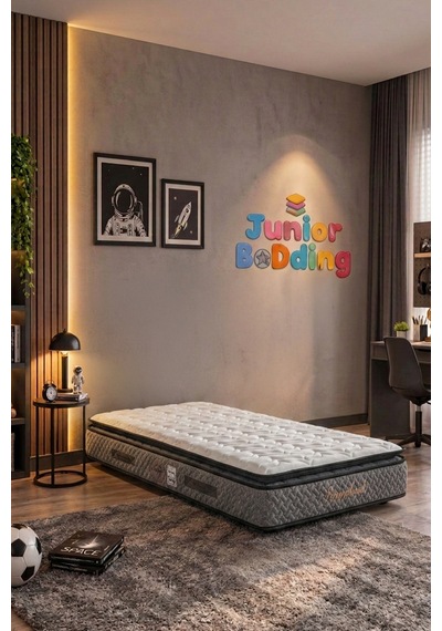 Junior Bedding 100x200 Tek Kişilik Yatak, Baza, Baza Başlık Seti Ortopedik Yataklı Sandıklı Baza 3 Lü Set Gri 100 x 200