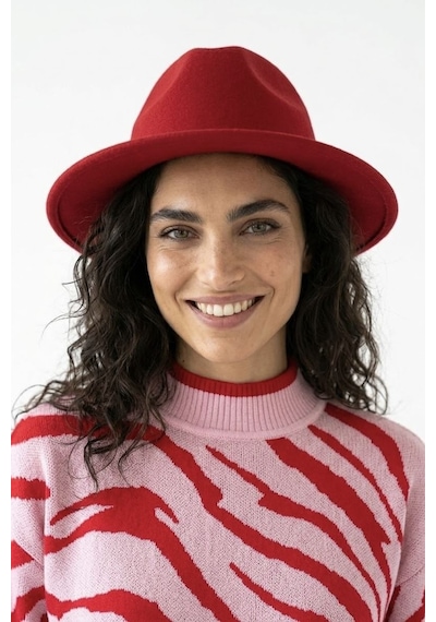 Neden Tekstil Kadın Premium Dik Yaka Zebra Desenli Triko Kazak - Pembe-kırmızı