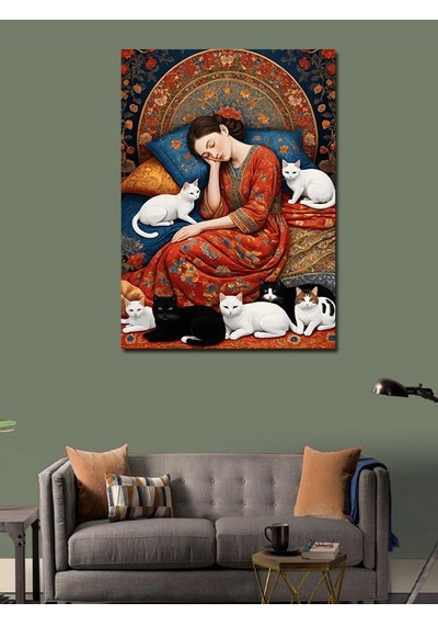 Kanvas Tablo Kediler Ve Kadın Uykusu 50cmx70cm